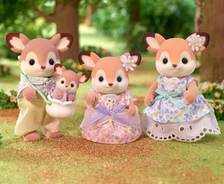 Full Sylvanian Families Deer Family playset showing unique ear patterns and floral clothing in Ireland.