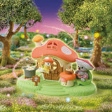 Sylvanian Families Fairy Mushroom House characters and mushroom themed accessories arranged within a decorative woodland setting.