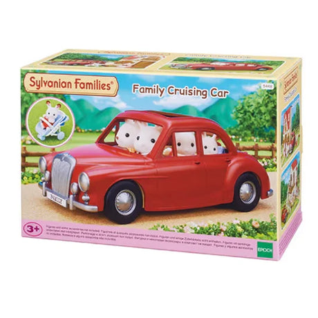 Box of Sylvanian Families Family Cruising Car showing red five-seater vehicle with figures inside in Ireland.