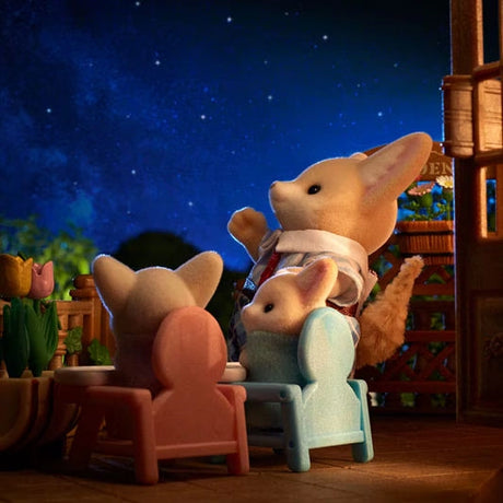 Sylvanian Families Fennec Fox Family promotional image with dark blue background tones.