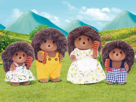 Sylvanian Families Hedgehog Family posed outdoors in meadow with mountains in background in Ireland 