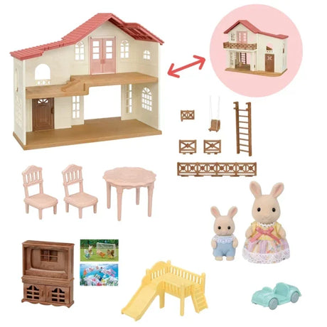 Sylvanian Families Hilltop Terrace Gift Set contents including house furniture slide and Milk Rabbit figures in Ireland