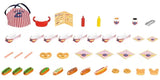 Sylvanian Families Hot Dog Van accessories and food pieces laid out on a white background