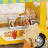 Close-up of the Sylvanian Families Hot Dog Van serving counter with hot dogs and sauce bottles