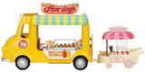 Sylvanian Families Hot Dog Van shown beside a pink food cart