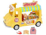 Sylvanian Families Hot Dog Van shown with a striped uniform, red visor and menu accessories