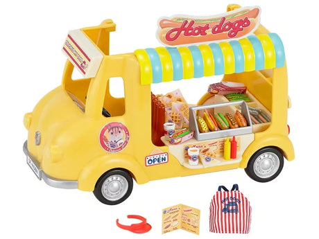 Sylvanian Families Hot Dog Van shown with a striped uniform, red visor and menu accessories