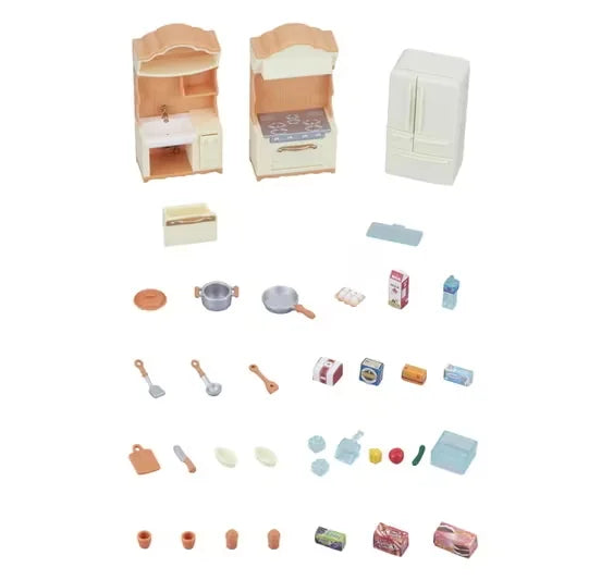 ylvanian Families Baby Castle Nursery set with castle-shaped building, slide, swing, piano, and table-seesaw for imaginative play in Ireland.