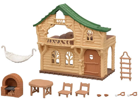 Sylvanian Families Lakeside Lodge cabin and accessories displayed separately on a white background, including the hammock, rope ladder, brick stove, table, chairs and cups.