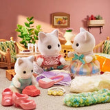 Latte Cat figures shown with clothing pieces, shoes, cups and small accessories