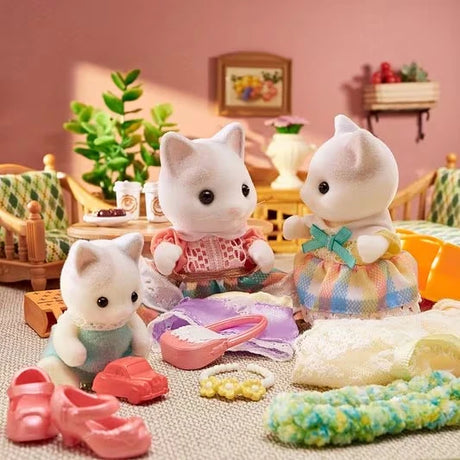 Latte Cat figures shown with clothing pieces, shoes, cups and small accessories