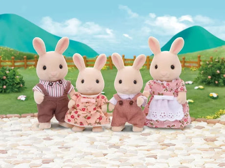Sylvanian Families Milk Rabbit Family displayed outdoors with countryside background in Ireland