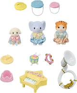 Three Sylvanian Families baby figures arranged with a star shaped piano, tambourine, drum with sticks and a sousaphone shown together on a white background