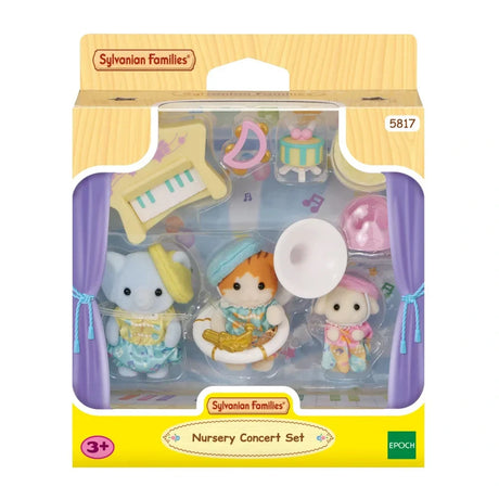 Sylvanian Families Nursery Concert Set shown in its retail packaging, displaying three baby figures in colourful outfits with musical instruments including a star shaped piano, drum, tambourine and sousaphone