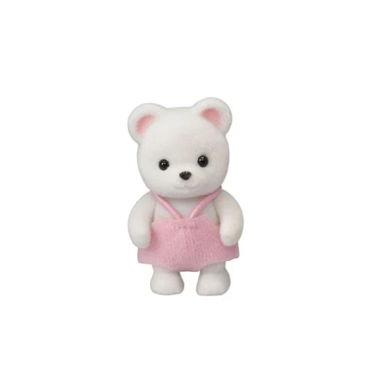 Small white bear figure shown wearing a pink outfit on a white background