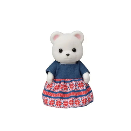 White bear figure shown wearing a red patterned dress on a white background