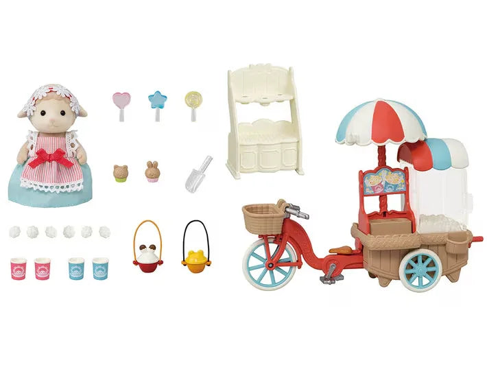 Sylvanian Families Popcorn Trike set with Barbara the Sheep, tricycle stall and toy accessories in Ireland.