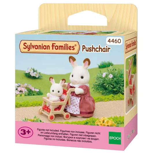 Sylvanian Families Pushchair box showing rabbit figures and red pushchair accessory