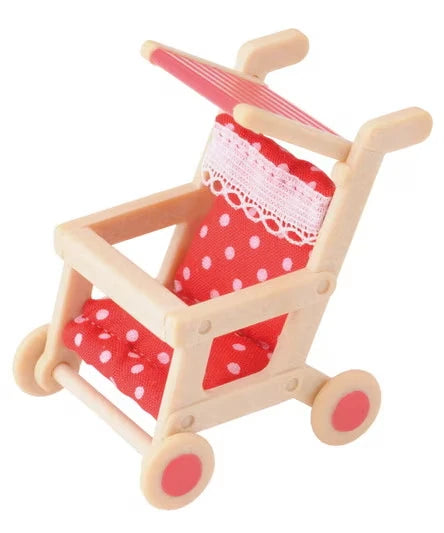 Sylvanian Families red pushchair accessory with polka dot seat and sun shade