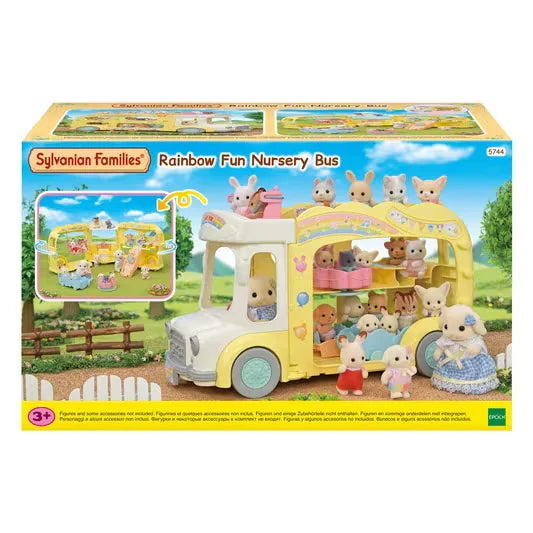 Sylvanian Families Rainbow Fun Nursery Bus box art showing bus set with baby figures and colourful details in Ireland.