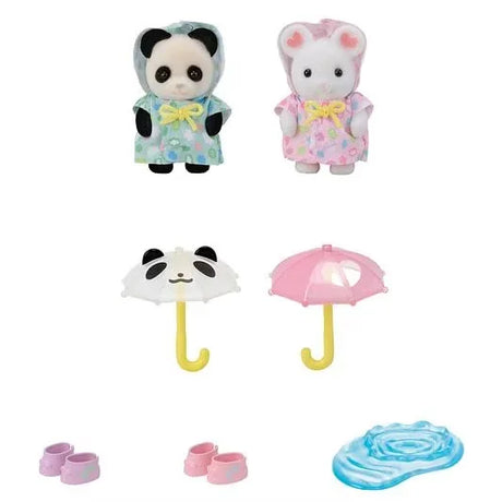 Marshmallow Mouse and Pookie Panda babies in cloud raincoats with umbrellas, boots and puddle accessory in Ireland.