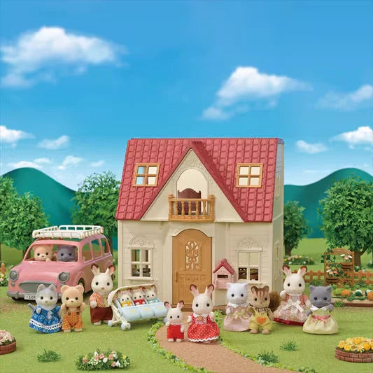 Sylvanian Families Red Roof Cosy Cottage exterior showing red roof house, garden, and Sylvanian Families figures in Ireland.