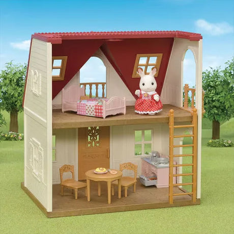 Sylvanian Families Red Roof Cosy Cottage interior scene with furniture, accessories, and Chocolate Rabbit girl in Ireland.