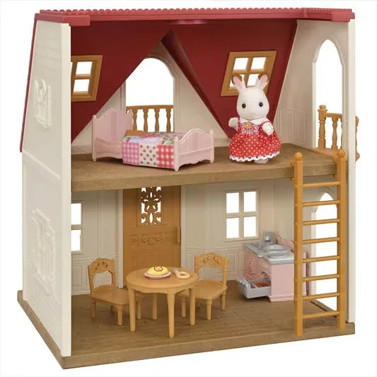 Sylvanian Families Red Roof Cosy Cottage indoor view with kitchen, dining set, bed and Chocolate Rabbit girl figure in Ireland.