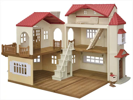 Empty open Sylvanian Families Red Roof Country Home shown with stairs, balcony and side entrance visible