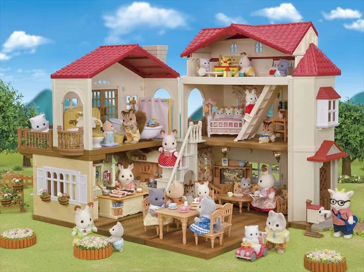 Open Sylvanian Families Red Roof Country Home shown with animal figures, furniture and garden accessories