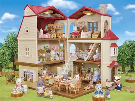 Open Sylvanian Families Red Roof Country Home shown from the front with animal figures and furniture