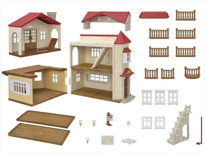 Sylvanian Families Red Roof Country Home parts shown laid out with fences, windows, stairs and small accessories