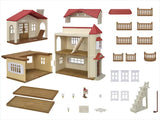 Sylvanian Families Red Roof Country Home parts shown laid out with fences, windows, stairs and small accessories