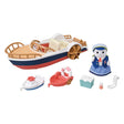 Sylvanian Families Seal Sailor's Leisure Boat set laid out on a white background with blue and red boat, seal mother figure in blue, two miniature boats, swimming ring, cool box, bottle and attachment piece.