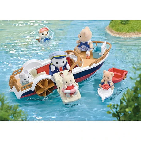 Sylvanian Families leisure boat on water with seal figures aboard, two small boats with rabbit and cat figures, and a swimming figure nearby.