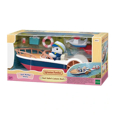 Sylvanian Families Seal Sailor's Leisure Boat retail box showing the boat, Seal Mother Amora in a blue sailor outfit and accessories through the clear window.