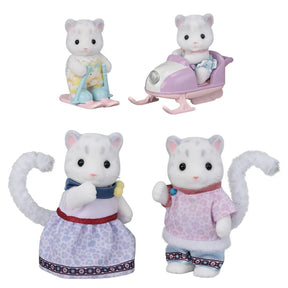 Four Snow Leopard Family figures shown with a baby snowmobile on a white background