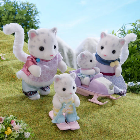 Four Snow Leopard figures shown outdoors with a baby snowmobile and small flowers