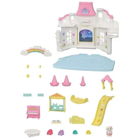 Sylvanian Families Sunny Castle Nursery set showing castle unit, furniture, slides and accessories in Ireland.