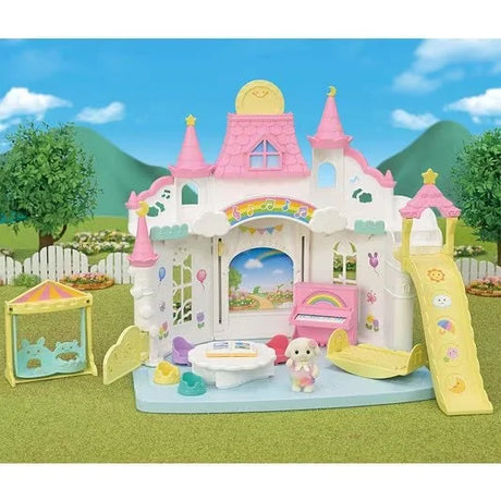 Sylvanian Families Sunny Castle Nursery play scene with Flora Rabbit Baby using swing, piano and cradle in Ireland.
