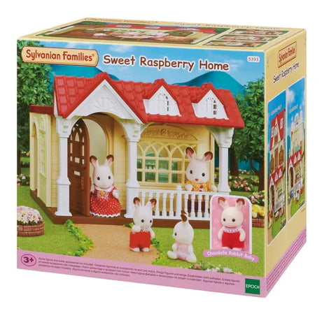 Box packaging of Sylvanian Families Sweet Raspberry Home set with red roof and Chocolate Rabbit Baby figure in Ireland.