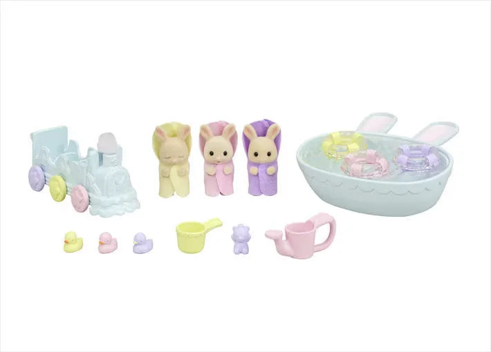 Sylvanian Families Triplets Baby Bathtime Set with Isla, Iris and Owen plus pastel bath, cart and toys in Ireland.