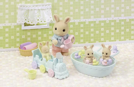 Sylvanian Families Triplets Bathtime play scene with parent rabbit bathing Isla, Iris and Owen in Ireland.
