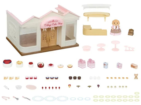 Full contents of Sylvanian Families Village Cake Shop including bakery, cakes, tools, and accessories in Ireland.