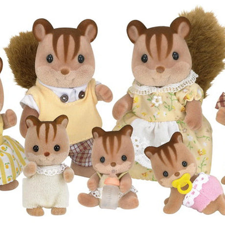Two larger squirrel figures and three small squirrel figures shown together on a white background