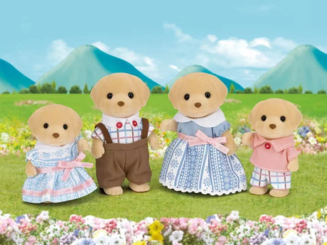 Sylvanian Families Yellow Labrador Family posed outdoors in flower filled meadow with mountains in Ireland