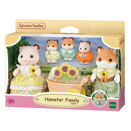 Sylvanian Families Hamster Family retail packaging showing two adult hamsters, three babies, sunflower carriage and Hamster Family 5856 branding.