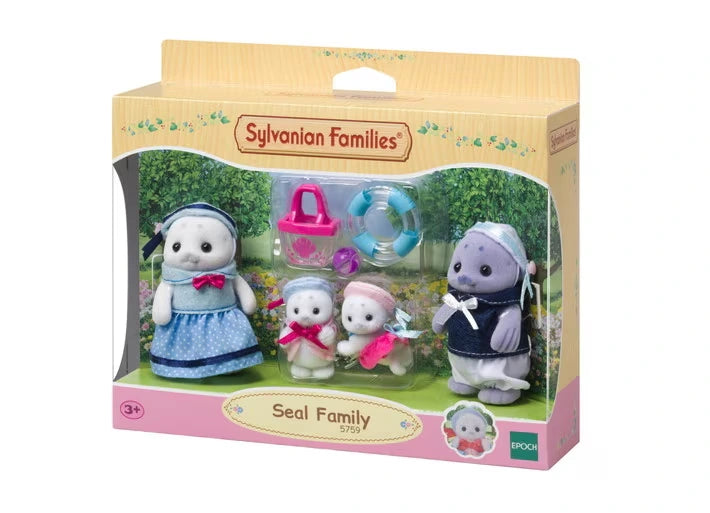 Sylvanian Families Seal Family 5759 retail packaging showing all four seal figures through the front window, alongside a pink beach bag, transparent blue swimming ring and purple ball.