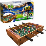 Wooden tabletop football game shown with retail box and assembled playing table
