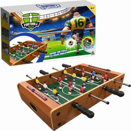 Wooden tabletop football game shown with retail box and assembled playing table